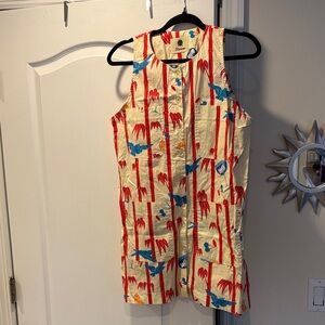 Karavan Greece Ladies Ivory red bamboo blue birds button down dress-S